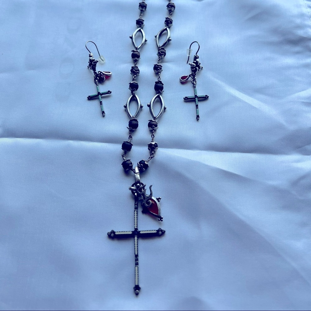 Necklace with cross and accent beads, include matching earrings